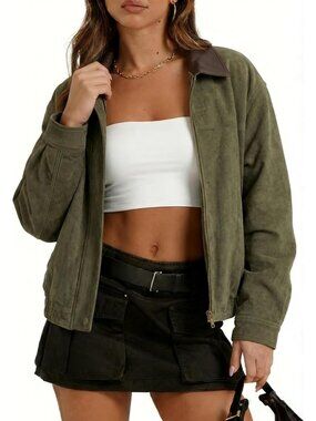 Women's Army Green Oversized ZIP Up Faux Suede Leather Moto Biker Pilot Jacket